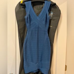 Herve Leger Round Neck Mini Bandage Dress Blue Sleeveless XS